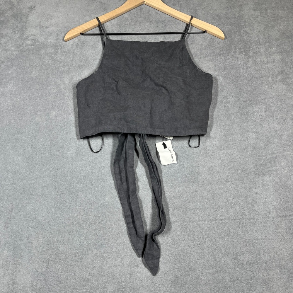 Miou Muse Womens Crop Top‎ Small Gray Linen Tie-Back Tank Adjustable Straps NEW